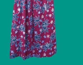 Burgundy Red Batik Print Skirt; Long Midi/Tea-Length Cotton Size 5-6; Elastic Waist Hippie/Festival Skirt
