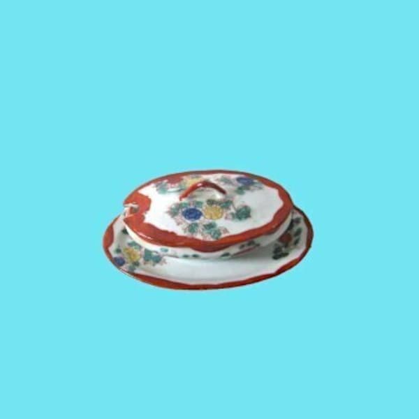 Floral with Red Trim Sugar/Jelly/Condiment Bowl with Attached Underplate; 1940s-'50s Handpainted In Japan