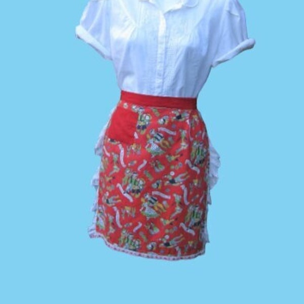 Red Cowboy/Square Dance Graphic Apron; Cute Western Print with White Ruffles & Pocket