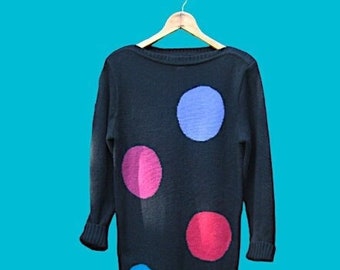 New Wave 1980s Black Sweater Dress; Knee-Length Black/Purple/Teal/Red Club/Rocker Tunic Size 5-6; Color Block-Style Dots