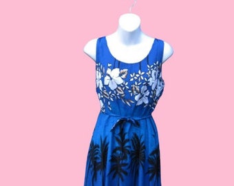 Blue w/ White Hibiscus Print Hawaiian Style Tie-Back Dress; Size 7-8/Medium Rayon/Casual/Lounge/Beach/Pool/Boardwalk/Tiki Party