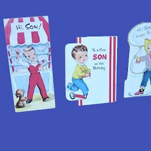 3 cartes d&#39;anniversaire années 50 pour fils Buzza Cardozo inutilisées : carte d&#39;anniversaire cow-boy/carte scooter/garçon avec chien et crème glacée ; Mignon rétro/encadré