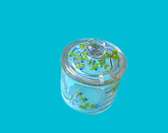 Blue Flower Painted Clear Glass Sugar Bowl with Lid; Sweet '60s-'70s Cottage/Grandma Service