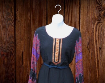 Gorgeous Black Pakistani Tunic Dress with Fuchsia/Teal Mandala Print Split Bell Sleeves; Side Slits; Medium; Flawed/Costume/Repurpose/Repair