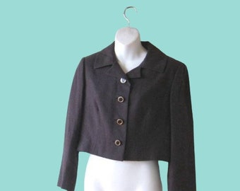 Veste courte marron foncé du milieu du siècle par Ben Reig ; Petite veste pour femme des années 1950 en laine lisse de poids moyen