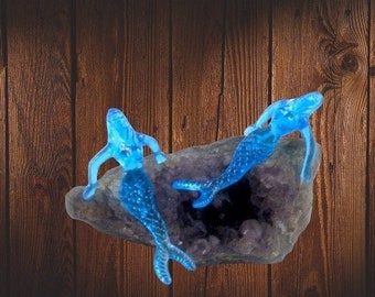 Set of 5 Blue Plastic Mermaid Drink Hangers; Mini Midcentury/Retro Classic Mad Men/Tiki Bar/Vintage