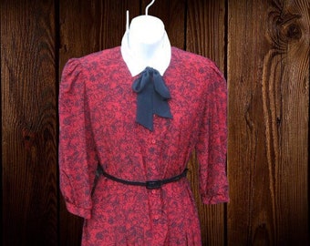 Black/Red Print "Madeline" Dress w/ Contrasting White Collar, Black Bow Necktie & Belt; Petite Medium Vintage Schoolgirl Frock