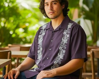 Dark Purple Guayabera Shirt with Classic Pockets & Embroidery, Men's Size 2XL; Latin Wedding