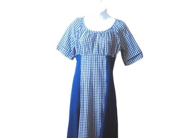 Dark Blue Checked '70s Maxi Dress; Size 5/Small Empire Waist Scoopneck Short-Sleeve Cotton Country Maxi; Unique/Homemade