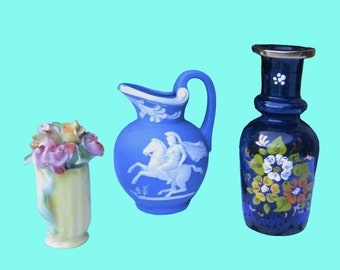 Mini Vase/Pitcher: Choose French Blue Roman Soldier in Relief, Cobalt Glass Mini Vase or Yellow Ceramic Wade England; Handpainted Roses