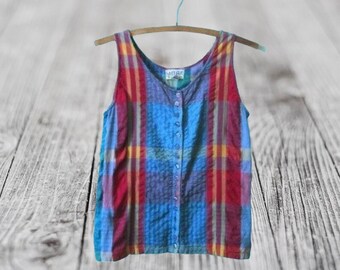 Rainbow Plaid Cotton Tank/Vest; Women's Small/Size 4-5 Vintage '90s Sleeveless