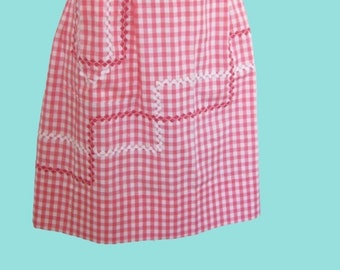 Pink Gingham Check Apron with Ric Rac Trim & Pocket; Rustic/Farm/Cottage