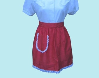 Eyelet-Trimmed Red Apron with Pocket; Maid Style Back Tie Cotton Apron