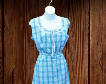 Turquoise Blue Plaid Dress; Sleeveless Midcentury Cotton w/ Pocket & Original Belt; Size 12-14/Large Rockabilly/House/Day Dress