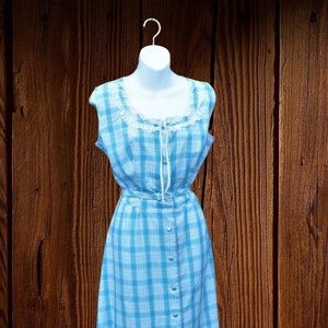 Turquoise Blue Plaid Dress; Sleeveless Midcentury Cotton w/ Pocket & Original Belt; Size 12-14/Large Rockabilly/House/Day Dress