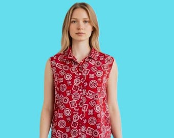 Rotes ärmelloses Bandana-Oberteil; '60s Vintage Baumwolle Gr. 2-3; Fehlerstellen