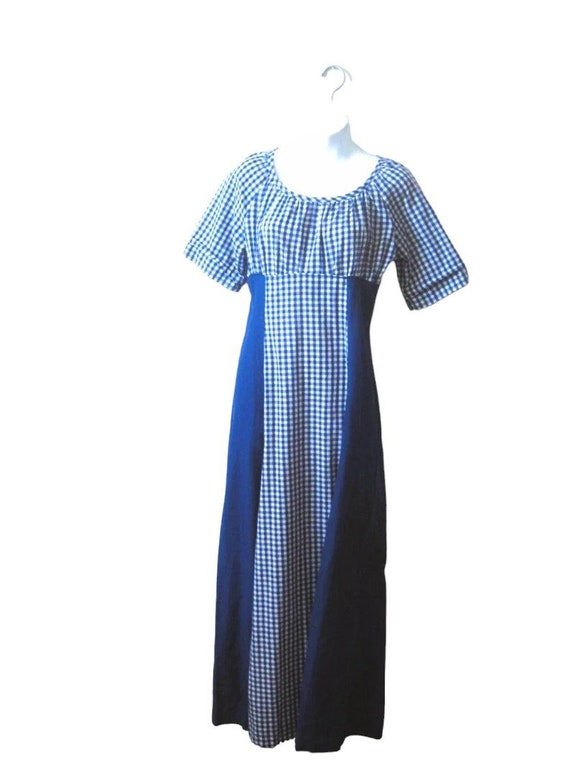 Dark Blue Checked '70s Maxi Dress; Size 5/Small E… - image 1