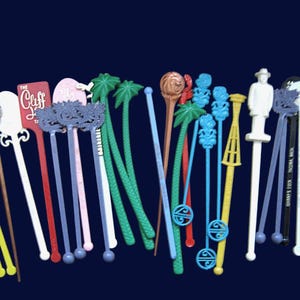 48 Figural Cocktail Stirrers: Aladdin Casino, Palm Trees, Space Needle, Jack Daniel, Caesars, Top of The Cosmo, Lion Heads, Flowers, Asian