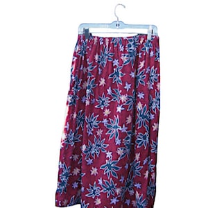 Burgundy Red Batik Print Skirt; Long Midi/Tea-Length Cotton Size 5-6; Elastic Waist Hippie/Festival Skirt