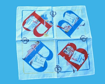 B Is For Brownie Midcentury Scout Handkerchief; Vintage Girl Gift; French Blue/Red/White