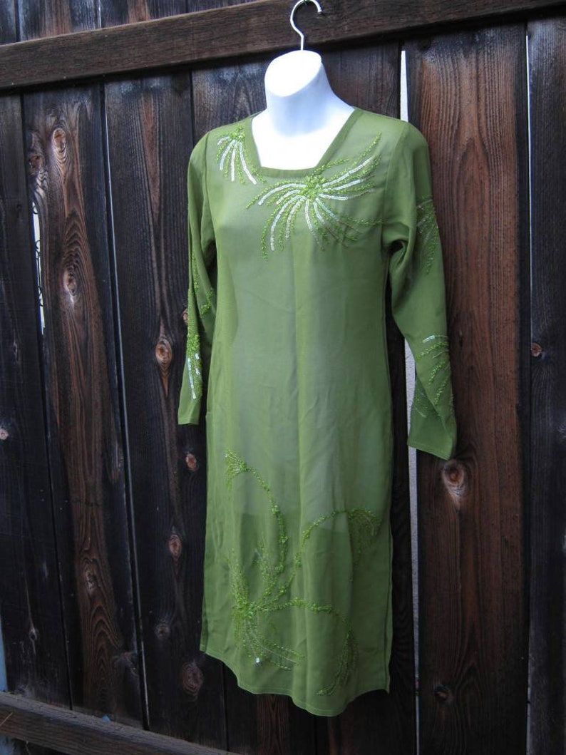 Sequin-Embellished Long Kurta-Style Top w Side Slits; Women/'s XS-Small Sheer Green BohoAsian Maxi Tunic