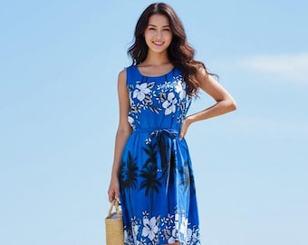 Blauwe jurk in Hawaïaanse stijl met hibiscusprint – Rayon Casual Beach; Medium dames