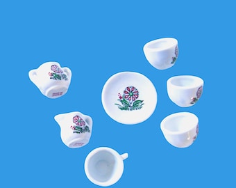 Set of 7 Mini Tea Serving Pieces, Vintage China Teacups/Cream/Sugar/Plate For Play - (Doll Tea) Party On!