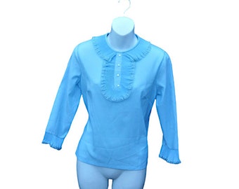 Going-To-A-Go-Go Ruffled Baby Blue 3/4 Sleeve Top;'60s Mod Pullover Top; Small/Sz 4-5; For Capris, Jeans, Rave, Garage Band; Groovy