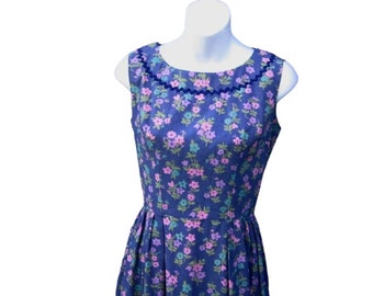 Pink/Dusty Indigo Print Sleeveless Fit & Flare Midcentury Dress; Small/Size 4-5 Cotton Posy Print with Ric Rac Trim