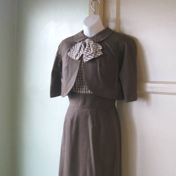 Reserved for Amy - 1950s Bolero/Dress Ensemble: Brown Bolero w/ Peter Pan Collar & Checked Bow for Matching Sheath Dress; Milarre Originals