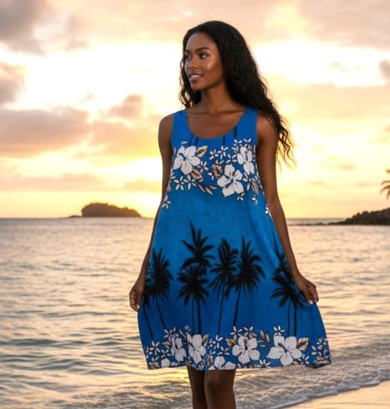 Blue Hibiscus Print Hawaiian Style Dress – Rayon Casual Beach; Women's Medium