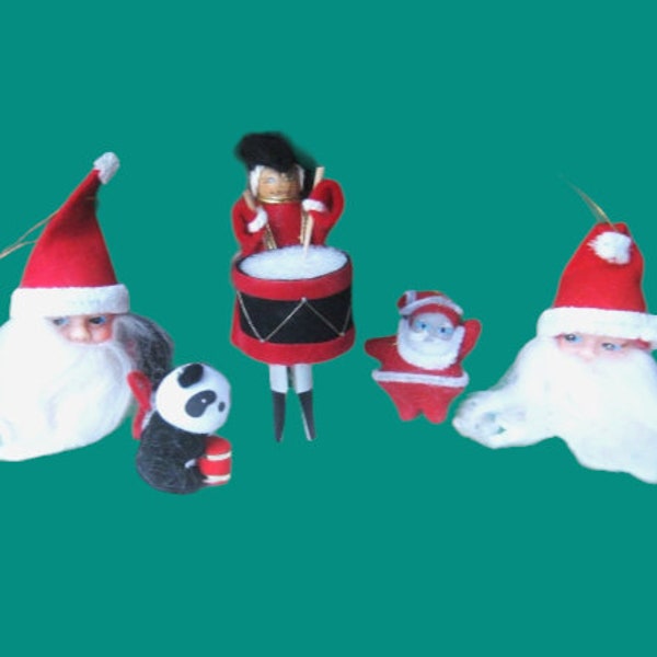5 Small Ornaments: Dancing Santa, Flocked Soldier/Drummer Clothespin; Flocked Panda, Santa Heads w/ Beards; Retro Vtg '60s Xmas