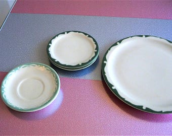 Vintage Diner/Restaurant Ware: Choose Large Green-Trimmed White Dinner Plate or Aqua-Trimmed White Saucer