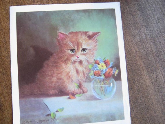 Kitsch Cat Print; Long-Haired Tiger Kitten Playing w/ Flowers, by Margaret McDonald Phillips; '60s Vintage Wall Decor