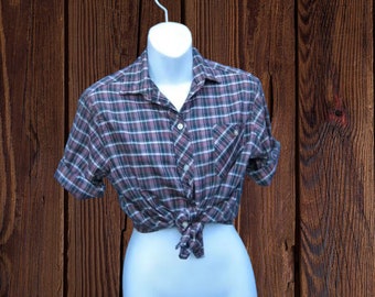 Green Plaid Cotton '50s/MCM Button-Up; 3/4 Sleeves; Size 6-7 Casual/Picnic/Country/Rockabilly/Weekend Button-Up