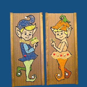 Pixie Elf Gravel/Pebble Art Pair; 17&quot; Tall Midcentury Kitsch Wall Decor