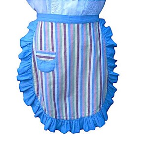 Blue Ruffle Trimmed Apron with Muted Circus/Ticking Stripes; Mini Half Cotton Apron