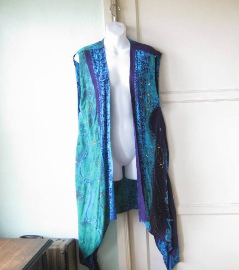 Bead-Embellished GreenTurquoisePurple Batik Print Open Tunic; Women/'s Large BohemianFestivalEvent Wrap