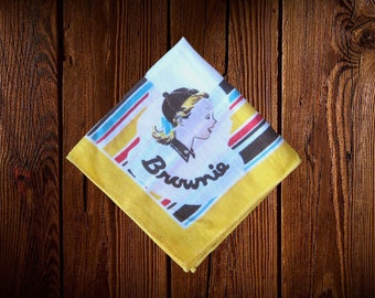 Striped Brownie Scout Hankie; 1950s Yellow/Red/Blue Brownie Handkerchief w/ Beanie Girl; Cute Retro Girl Gift