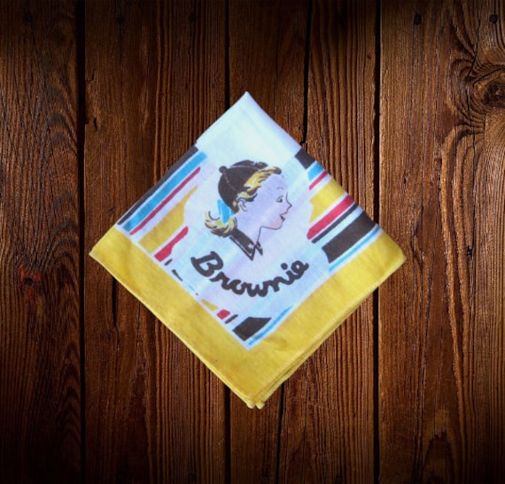 Striped Brownie Scout Hankie; 1950s Yellow/Red/Bl… - image 1