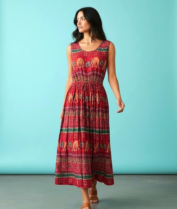 elephant design dress Red Print Tie-back Maxi Dress; Size 7-8; Beach/pool/tiki Party/cover Up elephant embroidery design Solid Fabric Color:Chambray Stripe Classic Pencil 3/4 Sleeve SUMMER5.30.26