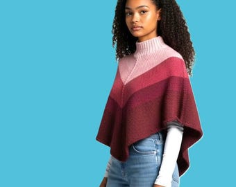 Gehäkelter 70er Jahre Mockneck Poncho; Pink- & Rottöne, 4S