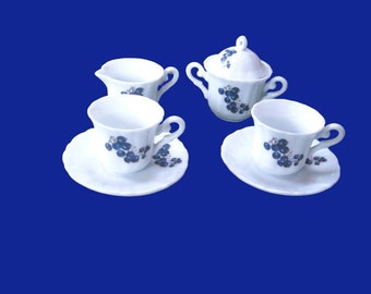 6 Mini Tea Serving Pieces; White/Blueberry Pattern; Rare Play/Tea Party Set; China or Glazed Ceramic