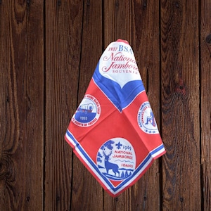 2 Boy Scout Jamboree Kerchiefs; Idaho 1969 Red/White/Blue + Yellow/Green; Nature/Outdoor Graphics; Large Neckerchiefs