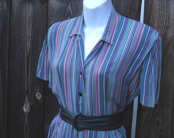 1940s-'50s Day Dress; Purple/Green/Blue Stripe w/