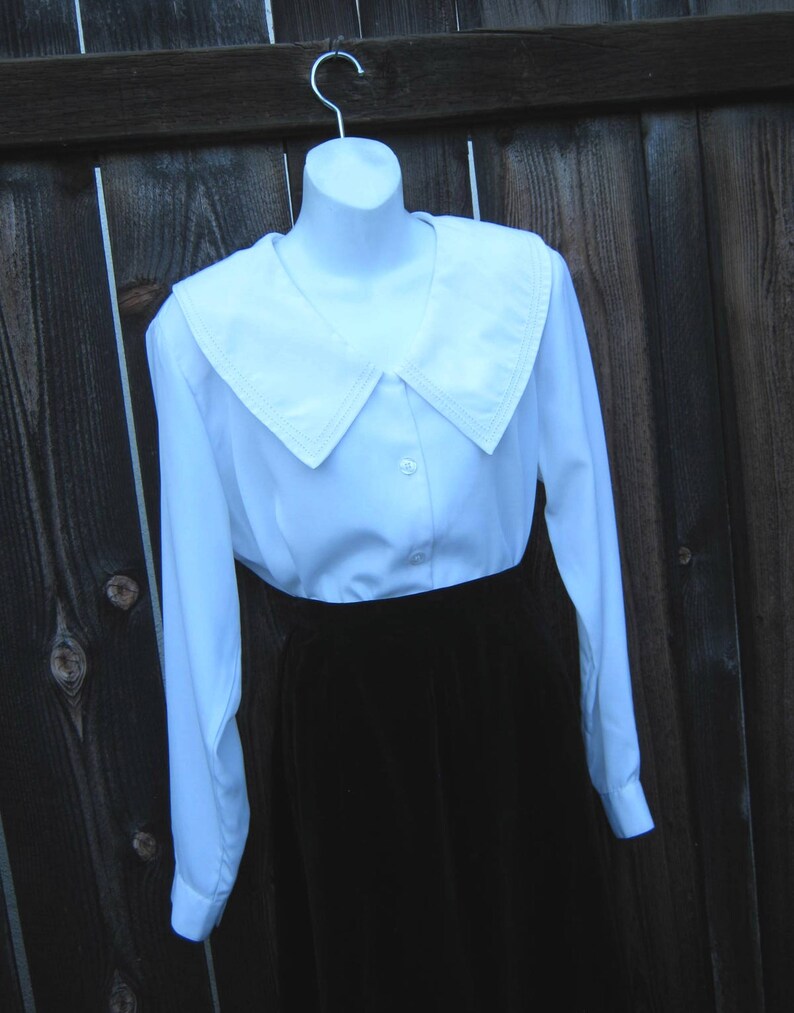 Puritan-Style Collar; Size 10 Late /'80s-/'90s Vintage SecretaryLibrarianTeacherPoet Shirt Flowy Off-White Blouse with Large