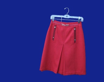 Small Red V-Pleat Skirt; Divided Style; Knee-Length Vintage Riding/Sporty/Preppy/Mod Skirt; Nautical Accents