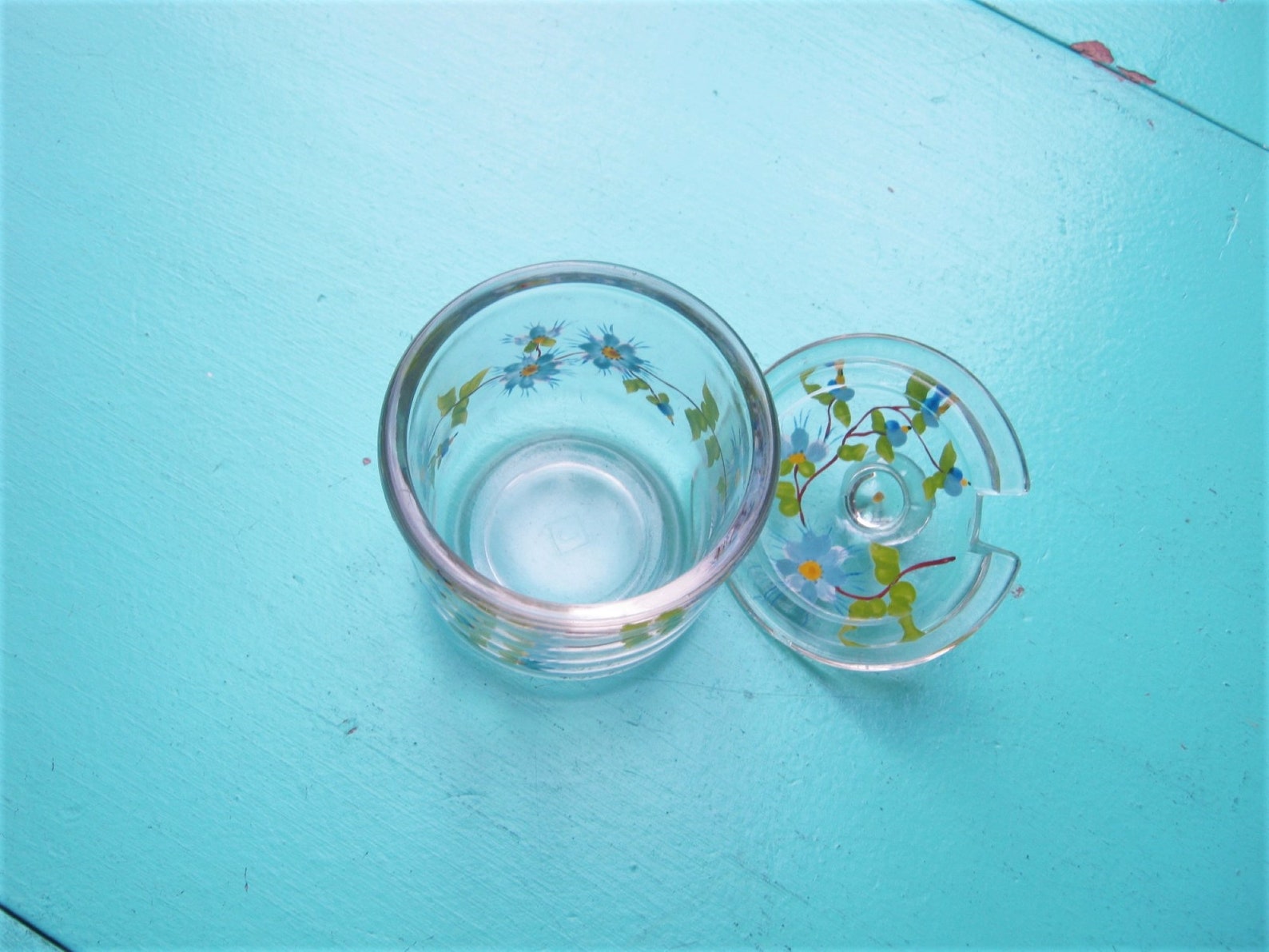 Blue Flower Painted Clear Glass Sugar Bowl With Lid Sweet Etsy