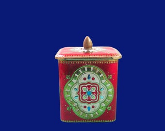 Embossed Claret Red Tin With Lid; Bohemian/Asian-Style Mandala Pattern;  6" Tall Square Canister