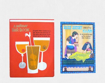 Cartões de aniversário dobráveis e originais: Cartão romântico não utilizado com imagens em relevo de casais famosos + "Bar de aniversário" com receitas de coquetéis; Assinado/Com defeitos